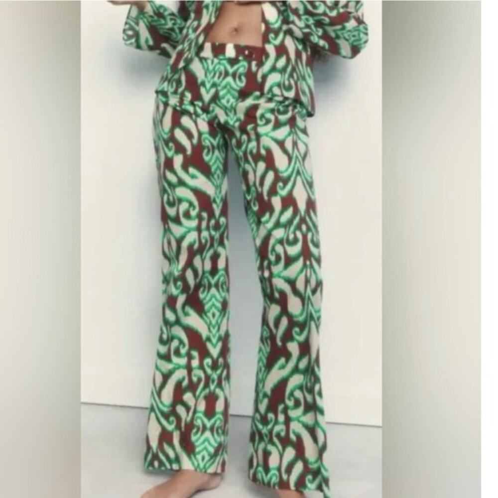 NWT Zara Printed Wide Leg Cotton Pants Sz XS Green & Brown 70s Boho - Picture 2 of 9